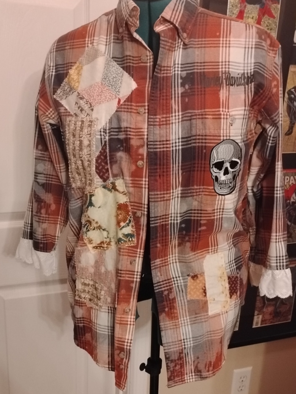 Wrangler Orange Plaid Patchwork Jean Jacket with Skull Patch
